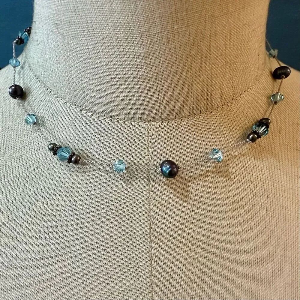 Sterling silver blue Swarovski black pearl necklace
